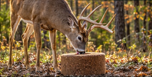 A whitetail buck feeding on a round supplement block
