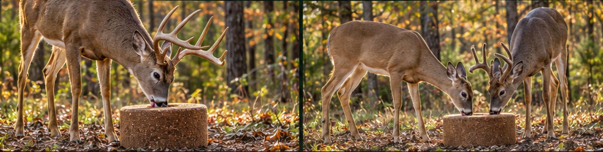 Whitetail bucks eating Rack Razor supplement blocks in a wooded setting